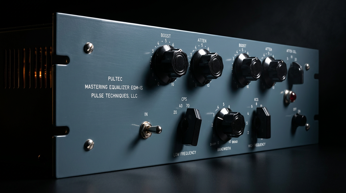 A Pultec EQM-1S mastering equalizer at three-quarters, tube glow through the side vents