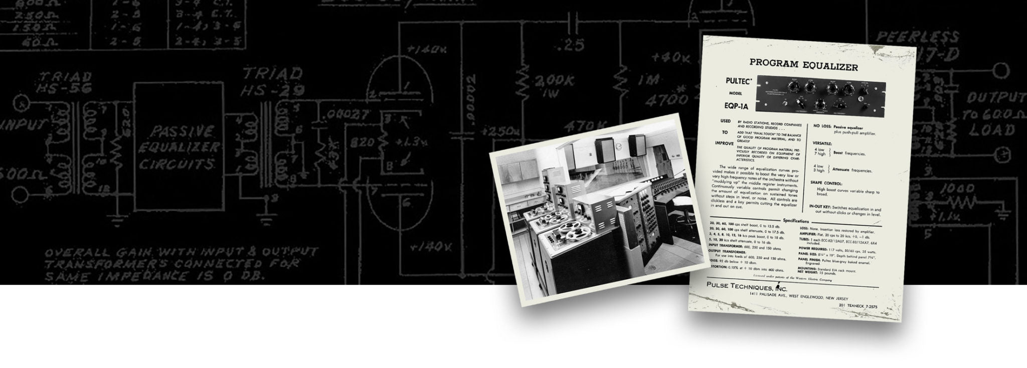 Hand-drawn passive equalizer schematics, a nineteen-sixties control room, and the original EQP-1A brochure from Pulse Techniques